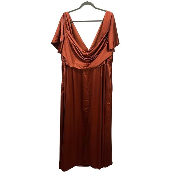 Plus Size 26 Rust Satin Wrap Maxi Dress Flutter Sleeve Slit Formal Evening Gown - Picture 4 of 10